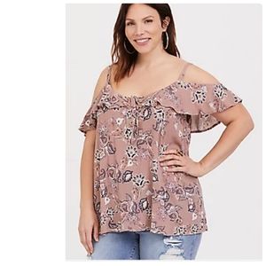 Torrid Walnut Paisley Gauze Cold Shoulder Cutout Top Tie Front Size 00 (M/L)